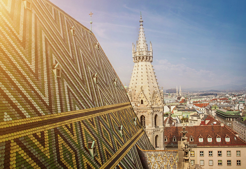 Blick vom Stephansdom auf das Dach und die Stadt.